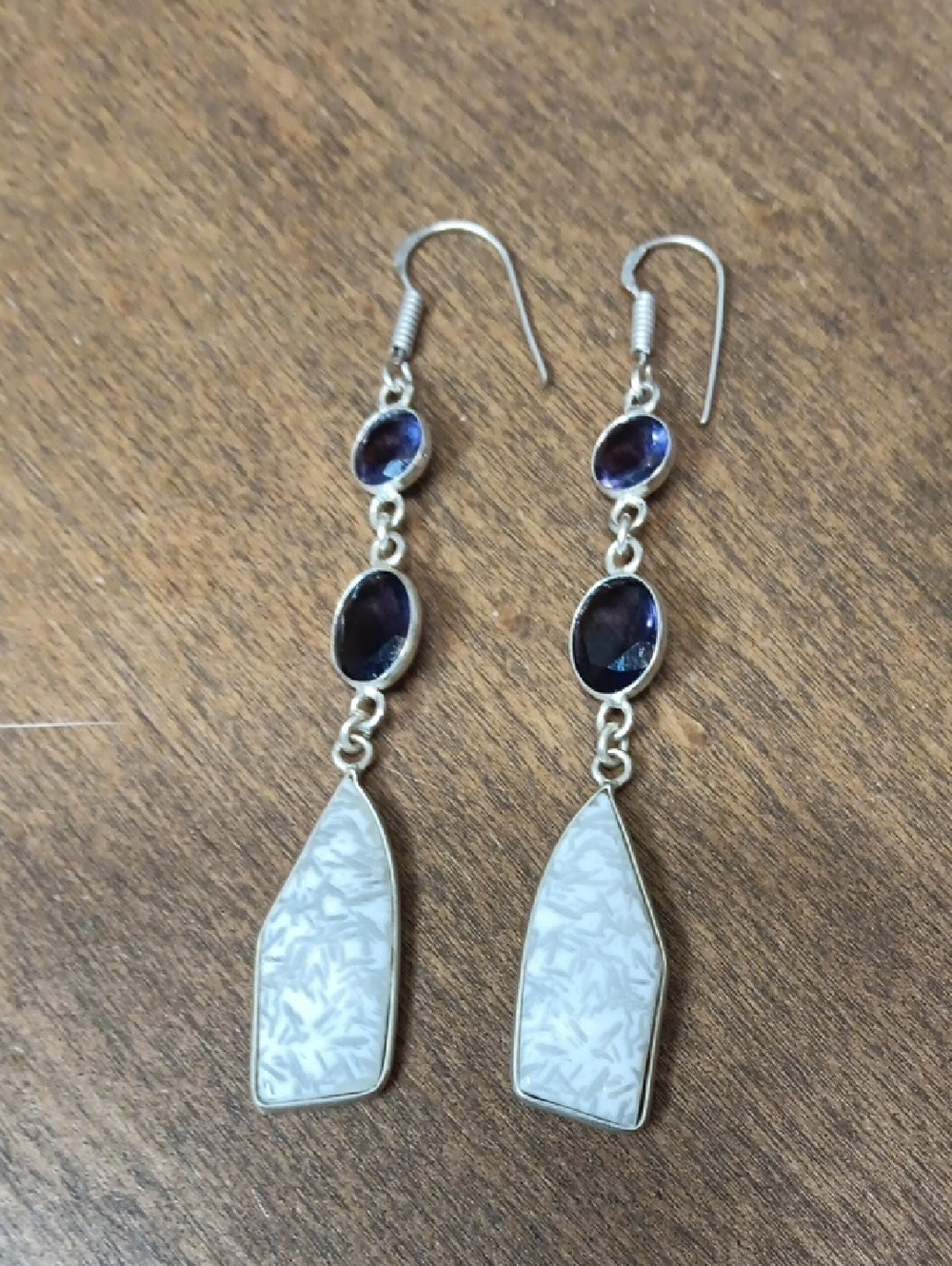 Elegant Silver Drop Earrings with Purple and White Inlay